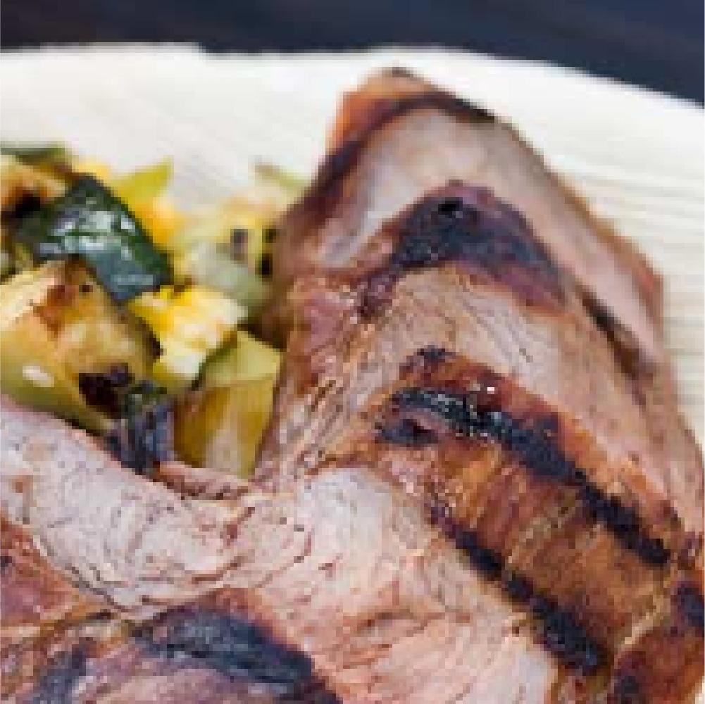 Grilled Wild Boar Tenderloin with Corn, Zucchini & Leeks